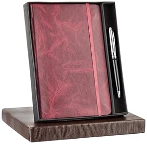 amazon basics A5 Journal/Notebook/Diary with Ribbon Bookmark & Metal Roller Ballpen | Gift Set For Corporate and Personal Occasions(Red)